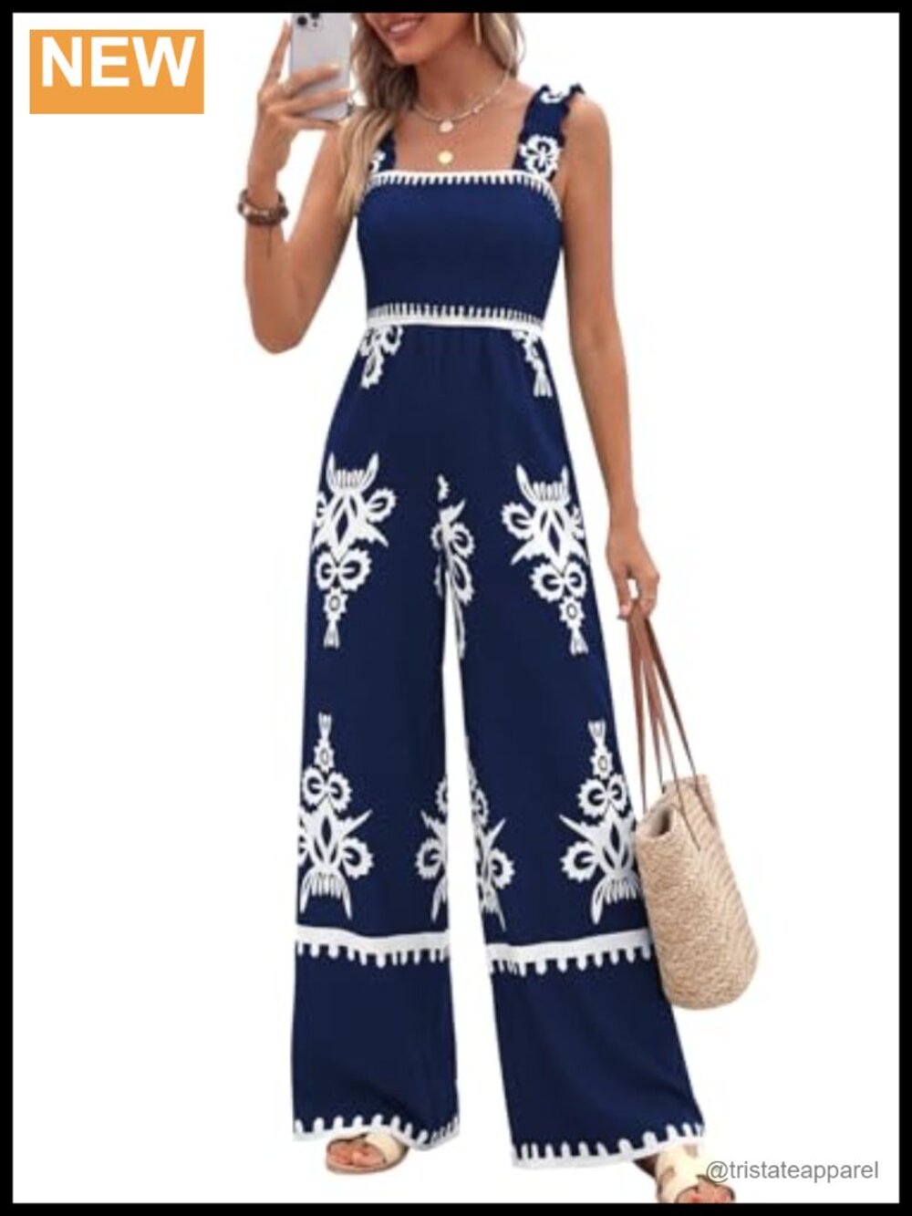PRETTYGARDEN Womens Sleeveless Square Neck Wide Leg Jumpsuit Smocked Boho One